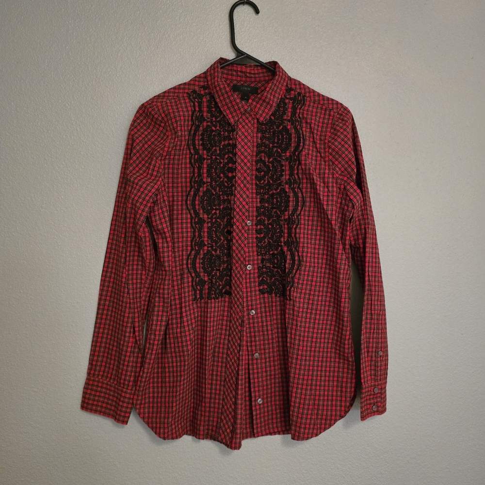 J. Crew Red and Black Lace Detail Shirt - Picture 4 of 6